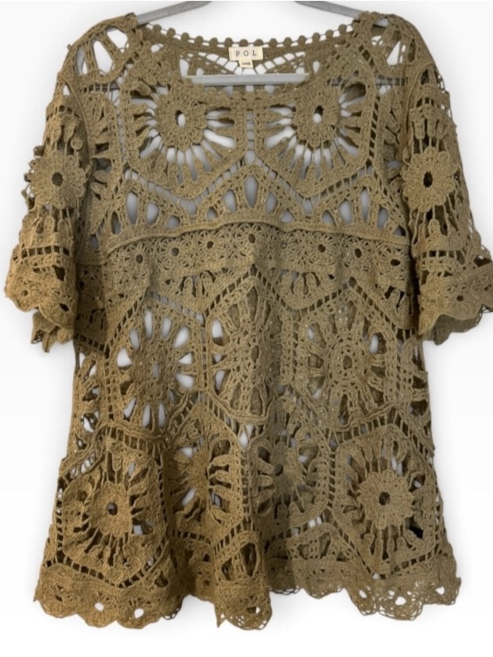 POL Clothing Olive Crochet Open Weave Knit Layering Top - One Size (OS)